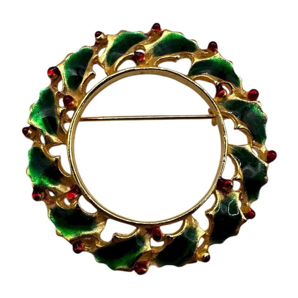 Vintage Enamel Christmas Wreath Brooch
